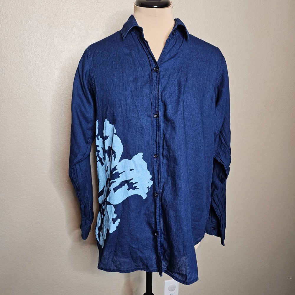 J.Crew Womens Navy‎ Blue Floral Graphic Cotton Button Down Shirt Size 6